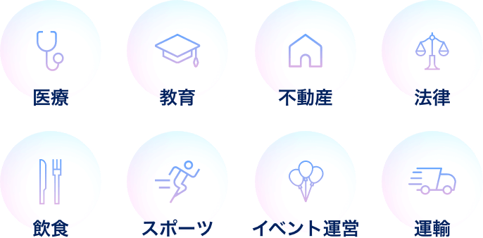 医療　教育　不動産　法律　飲食　スポーツ　イベント運営　運輸