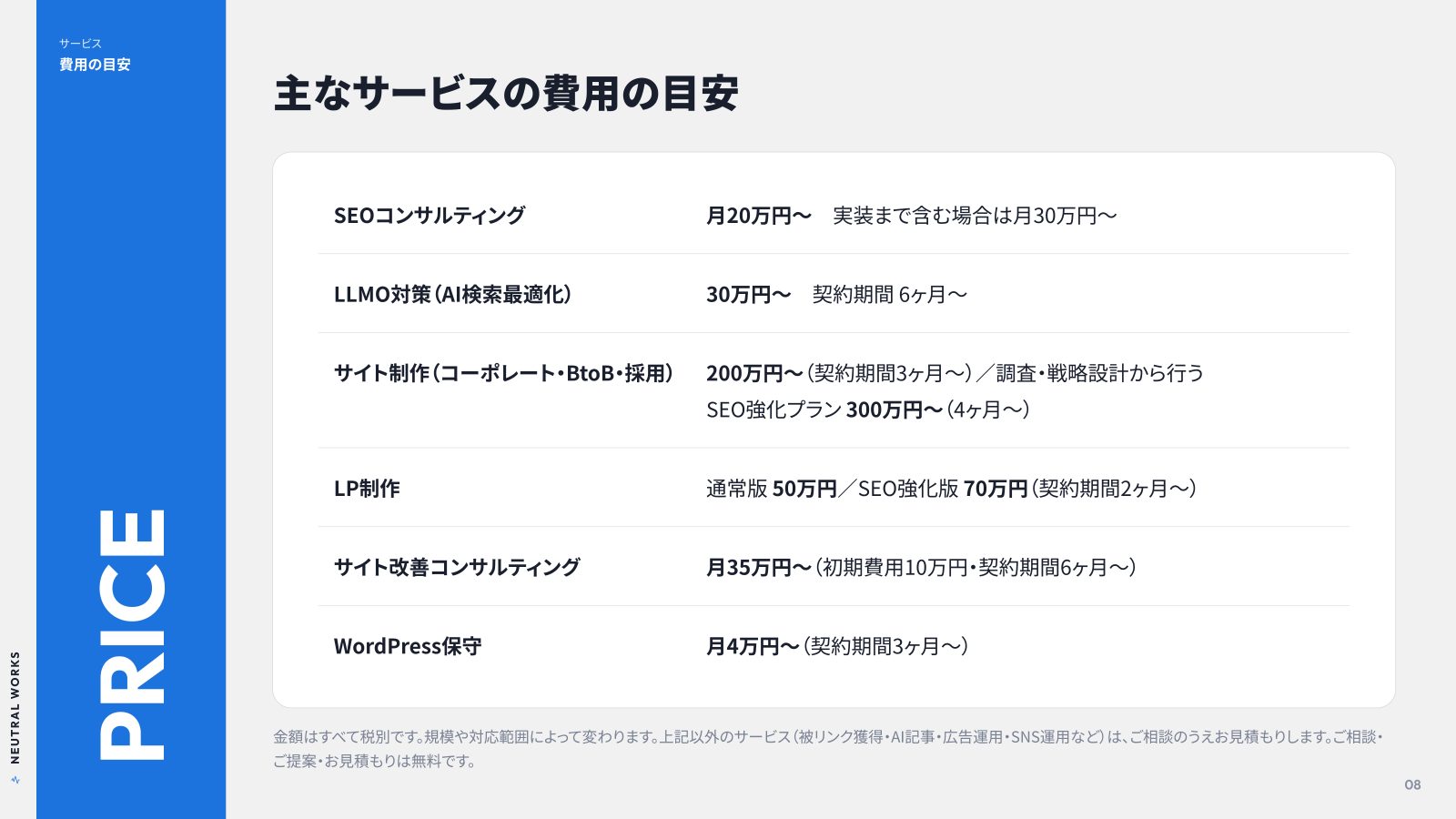 ニュートラルワークス 会社案内2026 P.08:主なサービスの費用の目安